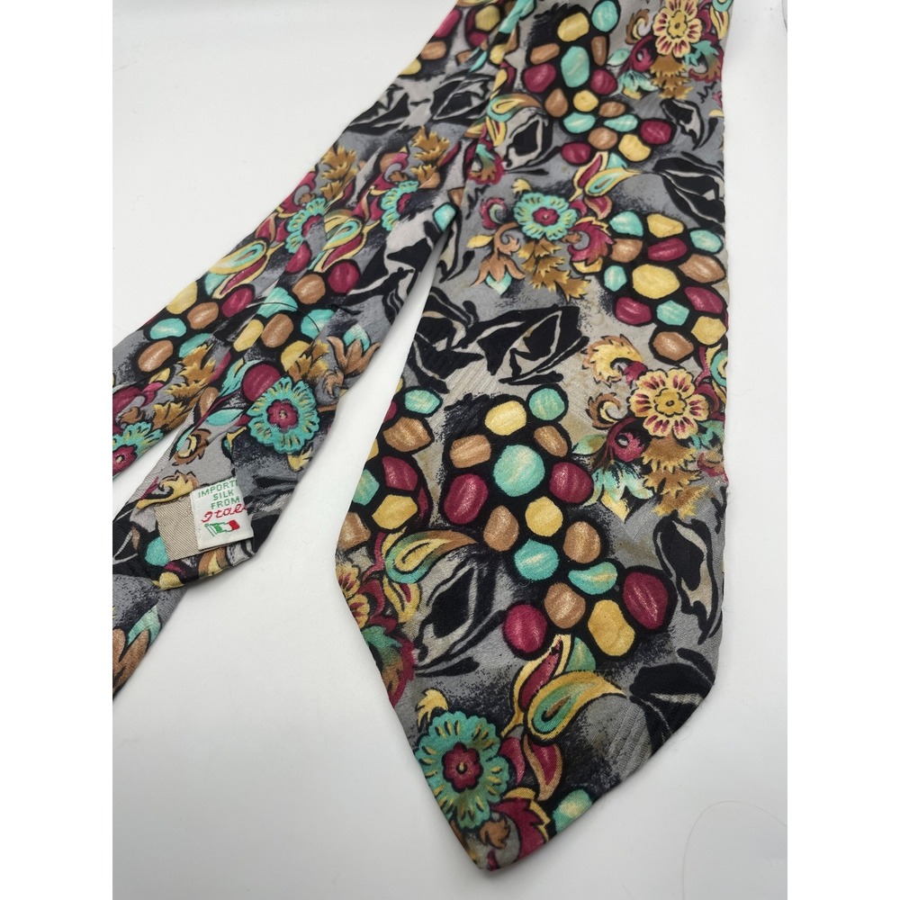 X'Andrini Mens Silk Tie Abstract Floral Geometric Teal Burgundy Gold Italy